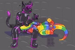 anthro bondage_gear bondage_gloves bulge_squish clothing dimetrodon domestic_cat drone duo faceless featureless_face feet_up felid feline felis feral handwear head_on_lap hi_res holding_object holding_pen inside latex latex_clothing latex_skinsuit lying lying_on_another male male/male mammal neatnick null_bulge on_lap padded_room pelycosaur pen penetrable_sex_toy_in_ass penetrable_sex_toy_in_mouth prehistoric_species sitting skinsuit sphenacodontid synapsid tight_clothing visor
