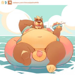 1:1 2025 anthro balls bear belly big_belly black_nose blue_clothing blue_sky blue_topwear bottomless bowl brown_body brown_fur chocolateandmilk clothed clothing cloud container cutlery dated eyewear food front_view fur genitals hand_behind_head hi_res holding_bowl holding_container holding_object humanoid_genitalia humanoid_penis kitchen_utensils licking licking_lips licking_own_lips male male_anthro mammal moobs navel nipples obese obese_anthro obese_male open_clothing open_mouth open_topwear outside overweight overweight_anthro overweight_male penis pink_nipples pink_penis pool_toy signature sky solo spoon sunglasses tan_balls tan_body tan_fur text tongue tongue_out tools topwear url water