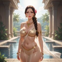 1:1 1girls ai_generated architecture armlet bangle belly_button bindi black_hair blurry_background cleavage drapery_(clothing) earrings eyelashes flower_in_hair gold_trim hair_over_one_breast hair_over_shoulder hair_strand indian indian_clothes indian_female jewelry large_breasts loincloth midriff milf natural_light nature_background necklace palm_tree pelvic_curtain pelvic_line pillar plant poolside rgomez007 saree sari seductive_look self_upload shiny_clothes single_braid slender_body smiling_at_viewer solo_female stable_diffusion temple thick_lips thick_thighs traditional_clothes veil warm_lighting