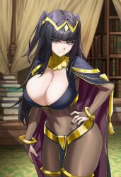 ai_generated alternate_breast_size_(larger) apprenticedomini bangs black_bodysuit black_cape black_eyes black_hair black_nails blunt_bangs bodystocking bodysuit book book_stack bookshelf breasts cape carpet circlet cleavage closed_mouth covered_navel curvy eyebrows_visible_through_hair female female_only fingernails fire_emblem fire_emblem_awakening gold_bracelet gold_choker gold_tiara hand_on_own_hip huge_breasts indoors inpainted jewelry legs_together library loaded_interior long_hair looking_at_viewer nail_polish narrow_waist non-web_source novelai pelvic_curtain seductive_smile see-through shaded_face skin_tight skindentation smile solo standing tent tent_interior tharja_(fire_emblem) thick_thighs thighs tiara two_side_up wide_hips