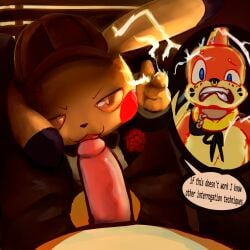 balls big_balls big_penis buizel clothed clothing duo electricity fan_character fellatio generation_1_pokemon generation_4_pokemon genitals half-closed_eyes hat headgear headwear hi_res inside interrogation lightning male male/male narrowed_eyes nintendo oral partially_clothed penile penis pikachu pokemon pokemon_(species) pokemon_only reverse_forced_oral sex speech_bubble suit teasing_penis teasing_with_mouth teasing_with_tongue ych