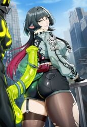 1girls 1other against_railing ai_generated animal_ears animal_penis apprenticedomini ass bangs belt_pouch big_ass big_breasts black_hair blue_sky blunt_bangs blurry blurry_background breasts building city cloud cloudy_sky cropped_jacket erection ethereal_(zenless_zone_zero) eyebrows_visible_through_hair female fingerless_gloves gloves glowing glowing_penis green_eyes grey_tail hand_on_railing high-waist_shorts horse_penis img2img imminent_bestiality inpainted jacket jane_doe_(zenless_zone_zero) large_breasts leaning_on_object long_hair looking_at_penis looking_back mihoyo mouse_ears mouse_girl mouse_tail multicolored_hair non-web_source novelai outdoors penis pouch railing red_hair rubble ruins sagging_testicles sky smile standing tail tail_wrap testicles thighhighs thighs torn_clothes torn_pantyhose torn_thighhighs uncensored veins veiny_penis zenless_zone_zero zoophilia