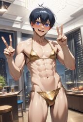 isagi_yoichi blue_lock ai ai_generated ai_art ai-created male male_only male_focus twink handsome black_hair blue_eyes cute_male cute_face swimsuit bikini crossdressing crossdressing_male bitch_boy slutboy blushing blushing_male blushed_face