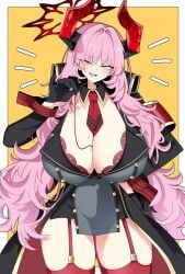 1girls artist_request big_breasts blue_archive bra bra_peek coin_on_string fangs garter_belt garter_straps gehenna_academy_student halo horns lingerie mole_on_breast object_between_breasts pandemonium_society_(blue_archive) pink_hair red_bra red_thighhighs satsuki_(blue_archive) uniform