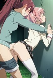 1futa 1girl 1girls absurdres against_wall ai ai_generated alley anal arm_support ass behind_wall bent_over blue_jacket clenched_teeth clitoris closed_eyes clothes_pull cum cum_in_ass cumdrip denim depth_of_field drooling ear_blush full-face_blush futa_with_female futanari grabbing_another's_hand grass hair_bow hair_ribbon hand_on_another's_hand head_back hiding highres kaname_madoka kneepits long_hair long_sleeves madoka_kaname mahou_shoujo_madoka_magica mitakihara_school_uniform moaning multiple_girls no_panties open_mouth penis pink_hair plaid_skirt pleated_skirt ponytail puffy_sleeves pussy pussy_juice pussy_juice_trail red_hair red_ribbon ribbon sakura_kyouko school_uniform sex sex_from_behind short_hair short_twintails shorts shorts_pull skirt_lift small_breasts spread_legs standing standing_sex sweat sweatdrop tearing_up tears teeth testicles thighhighs thighs tongue_out twintails very_sweaty white_thighhighs