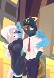 absurd_res anthro chapaevv clothing dress duo female groping_from_behind hasbro hi_res icy_heart male my_little_pony outside translucent translucent_clothing using_wings walking wing_hug wings wooded_bastion_(oc)