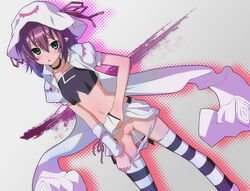 censored collar green_eyes hat merry_nightmare midriff navel open_mouth panties panty_pull purple_hair pussy_juice pussy_juice_drip pussy_juice_trail short_hair skirt skirt_lift solo standing striped striped_legwear striped_thighhighs thighhighs underwear yada_ei yumekui_merry