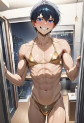 ai ai-created ai_art ai_generated bikini bitch_boy black_hair blue_eyes blue_lock blushed_face blushing blushing_male crossdressing crossdressing_male cute_face cute_male handsome isagi_yoichi male male_focus male_only slutboy swimsuit twink
