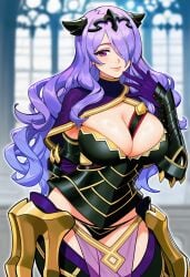 ai_generated apprenticedomini arm_armor arm_behind_back armor armored_boots bangs between_breasts black_armor black_footwear black_panties blush boots breasts bustier camilla_(fire_emblem) capelet cleavage closed_mouth curvy curvy_female european_architecture eyebrows_visible_through_hair fake_horns faulds female female_only fire_emblem fire_emblem_fates gauntlets gloves hair_over_one_eye horns huge_breasts inpainted interior lips long_hair looking_at_viewer mature_female medieval non-web_source novelai palace panties pelvic_curtain purple_capelet purple_eyes purple_gloves purple_hair purple_thighhighs see-through see-through_clothes shiny shiny_lips shiny_skin skindentation smile solo thick_lips thick_thighs thigh_boots thighhighs thighs tiara underwear very_long_hair wavy_hair wide_hips window