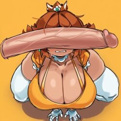 ai_generated big_breasts breasts brown_hair cleavage dumptruck_ass gigantic_ass gigantic_breasts gritted_teeth gritting_teeth huge_breasts huge_cock kneehighs large_breasts lubbasdump mario_(series) nintendo penis penis_covering_eyes princess_daisy royalty squatting super_mario_bros. thick thick_ass thick_thighs