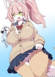 2026 4_fingers anthro big_breasts big_ears biped black_nose black_pawpads blue_background blue_bottomwear blue_clothing blue_skirt blush blush_lines bottomwear bow_panties bow_tie bow_underwear breasts brown_tail canid canine cardigan cheek_tuft clothed clothed_anthro clothed_female clothing clothing_lift collared_shirt digital_media_(artwork) eye_through_hair eyebrow_through_hair eyebrows eyelashes eyelashes_through_hair facial_tuft female female_only fingerpads fingers flashing flashing_pussy genitals glistening glistening_eyes gradient_background green_eyes hair hi_res holding_clothing holding_object holding_panties holding_underwear inner_ear_fluff innie_vulva koorinezumi legs_together looking_at_viewer looking_down looking_down_at_viewer low-angle_view mammal multicolored_tail no_underwear open_mouth open_smile panties pawpads pink_hair red_bow_tie shirt simple_background skirt skirt_lift skirt_lifted_by_self small_nose smile solo tail tan_clothing tan_sweater tan_topwear tied_hair topwear translucent translucent_hair tuft undershirt underwear vulva white_background white_clothing white_eyebrows white_inner_ear_fluff white_shirt white_tail white_topwear