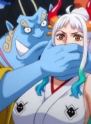 ai_generated ambush big_boobs big_breasts blue_skin female fishman fishmen_(one_piece) grabbing_from_behind interspecies jabbaman58 jinbe male one_piece oni oni_female oni_horns shocked shocked_expression surprised surprised_expression surprised_face white_hair yamato_(one_piece)