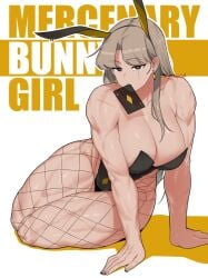 absurd_res ace_(playing_card) ace_of_diamonds artist_name black_eyes brown_hair bunny_ears bunnysuit card cleavage diamond_(shape) earrings fishnets highres jewelry leotard long_hair multiple_scars muscular muscular_female muscular_thighs oddsnail original playboy_bunny playing_card scar scar_across_eye scar_on_face seo_miran simple_background solo white_background