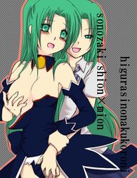 07th_expansion angel_mort bare_shoulders blush breast_grab breasts crotch_grab female green_eyes green_hair higurashi_no_naku_koro_ni incest long_hair mion_sonozaki multiple_girls nachi_(s-h14) naughty_face nipples open_mouth ponytail shion_sonozaki siblings sisters tear tied_hair twincest twins yuri