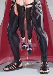 1futa 1girls absurdres cape chaps cum cum_dripping_down_thighs cumdrip dagr_(fire_emblem) dangling dangling_legs duo female fire_emblem fire_emblem_heroes futa_on_female futa_with_female futanari highres human implied_futa implied_sex implied_sex_from_between_legs intersex larger_futa light-skinned_female light-skinned_futa light_skin lower_body nintendo norza offscreen_sex peeing peeing_self penis red_cape reginn_(fire_emblem) sandals sex size_difference smaller_female standing steaming_body suspended_on_penis suspension tall_female torn_clothes trembling urination urine urine_pool