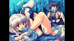 2girls all_the_way_through bad_feet barefoot breasts clothing feet female game_cg goo long_hair multiple_girls open_mouth oral penetration pussy red_eyes restrained slime slime_monster spread_legs tears tentacle torn_clothes vaginal_penetration yellow_eyes zanjibaru