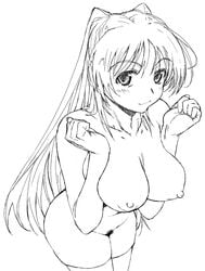 1girls breast_squeeze breasts collarbone female kousaka_tamaki large_breasts leaning_forward legs_together line_art long_hair looking_at_viewer monochrome nipples nude pubic_hair sketch smile solo stockings thighhighs to_heart_(series) to_heart_2 yamaguchi_homupe