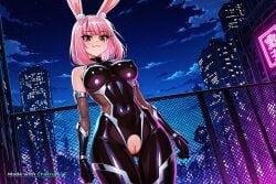 1girl 3 ai_assisted ai_generated anime_coloring anime_screencap armor bare_shoulders black_bodysuit city cityscape clouds cowboy_shot crotchless curvy dark_theme detailed_pussy dynamic_lighting elbow_gloves fishnets gloves high_contrast kagami_hirotaka koukawa_oboro looking_at_viewer neon_lights night night_sky outdoors pink_hair rabbit_ears red_eyes soft_shading taimanin_asagi_zero taimanin_suit thigh_gap visible_pussy
