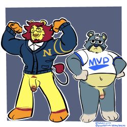 animal_crossing anthro bandage bandage_on_face bear beard belly bluelionn clothed clothing curt_(animal_crossing) duo eyewear facial_hair felid flaccid flexing freckles genitals glasses hi_res jacket lion male male/male mammal mott_(animal_crossing) muscular nintendo overweight pantherine partially_clothed penis pubes shirt topwear
