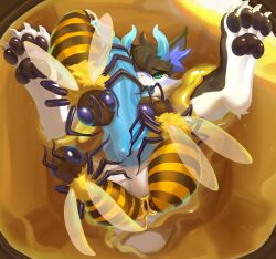2_horns 4_toes absurd_res anal anal_sex anthro arthropod balls bee big_penis black_body black_pawpads blue_horn blue_penis blue_tongue bodily_fluids bondage bound cum cum_drip double_penetration dragon dripping erection eye_roll feet food genital_fluids genital_focus genitals green_eyes hi_res honey_(food) honeycomb horn hymenopteran insect_on_anthro insect_on_penis insect_wings insects kemono knot male mythological_creature mythological_scalie mythology open_mouth pawpads penetration penis penis_focus reclining scalie solo spread_legs spreading through_honeycomb toes tongue urethral urethral_penetration wings xiaoyaozhi