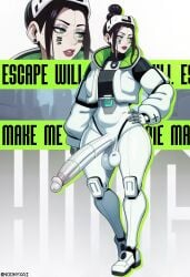1futa 1futanari ai_generated android background bangs barcode_tattoo big_testicles contrapposto cybernetics cyborg dark_hair english_text eyeliner facepaint full_body futanari green_eyes hair_behind_ear hairbun hand_on_hip headgear headset huge_cock inset lipstick long_hair long_penis looking_away marathon_(bungie) metallic_body noonyx sagging_balls slim_waist solo_futa standing tagme tattoo text thief_(marathon) two_tone_background white_jacket white_skin