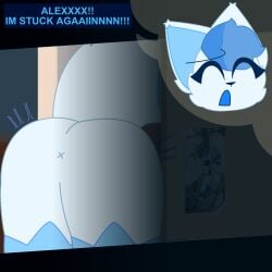 1:1 anthro anus appliance arctic_fox big_tail blue_body blue_fur butt canid canine crystal_isabee dialogue dialogue_box distressed female fox fridge fur hi_res joey_(crystal_tf) kitchen_appliance mammal motion_lines presenting presenting_hindquarters solo stuck tail true_fox watermark white_body white_fur x_anus