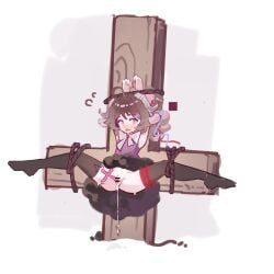 absurdres ardelia_(arknights:_endfield) arknights arknights:_endfield bar_censor blush bondage bound bound_legs bound_wrists brown_hair censored commentary_request feet female full_body highres kuangketi legs no_shoes object_insertion pussy pussy_juice red_eyes sex_toy simple_background solo solo_female spread_legs thighhighs vaginal_object_insertion vaginal_penetration