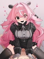 1boy 1girl absurdres animal_ears assertive_female bell black_bow black_bowtie black_eyes black_skirt black_thighhighs blush bow bowtie censored clothed_sex clothes_lift commentary cowgirl_position english_commentary femme_soule gloves goat_ears goat_girl goat_horns grey_background grey_gloves grey_shirt hair_intakes hetero heterochromia high-waist_skirt highres horns looking_at_viewer mosaic_censoring nabiyan neck_bell open_mouth paid_reward_available penis pink_eyes pov pov_crotch pukey_goddess_shot_trick pussy shirt sidelocks simple_background skirt skirt_lift smile solo_focus straddling thighhighs vaginal vaginal_penetration