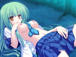 77 breasts game_cg grass green_hair mikagami_mamizu nipples open_clothes open_shirt shirt skirt stella_(77) tie wet whirlpool