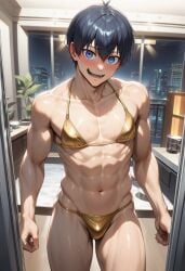 ai ai-created ai_art ai_generated bikini bitch_boy black_hair blue_eyes blue_lock blushed_face blushing blushing_male crossdressing crossdressing_male cute_face cute_male handsome isagi_yoichi male male_focus male_only slutboy swimsuit twink