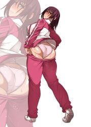 1girls alternate_version_available ass bbw big_ass big_breasts breasts brown_hair comic curvy gym_uniform hi_res hourglass_figure huge_ass huge_breasts korotsuke large_breasts medium_hair naomi_tokunaga older_female panties presenting_hindquarters purple_eyes showing_off simple_background sweat sweatdrop teacher textless the_creepy_glasses_girl thick_thighs thighs underwear voluptuous white_background