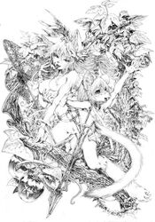 2girls apple breasts eating fangs fruit furry hand_net katzeh leaf licking long_hair looking_at_viewer monochrome multiple_girls net nipples plant pussy reaching slit_pupils star tail tongue tree weapon