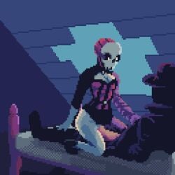 animated bed bedroom blood_west cleavage corruptedcourier cowboy_hat cowgirl_position fully_clothed horror horror_(theme) horror_game indie_game mask masked masked_female nightmare_waifu old_west panties_aside pixel_animation pixel_art prodigal_daughter_(blood_west) retro retro_artstyle riding riding_penis skull_mask western