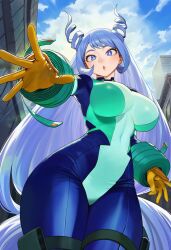 :o ai_generated apprenticedomini bangs belt belt_pouch big_breasts black_belt blue_bodysuit blue_eyes blue_hair blue_sky bodysuit boku_no_hero_academia breasts bright_pupils building city close-up cloud covered_navel curvy day drill_hair eyebrows_hidden_by_hair female female_only floating flying foreshortening from_below gloves green_bodysuit hadou_nejire hair_horns huge_breasts legs_together long_hair looking_at_viewer midair multicolored_bodysuit multicolored_clothes narrow_waist non-web_source novelai open_hands open_mouth outdoors outstretched_arm outstretched_hand parted_lips pouch reaching reaching_towards_viewer skin_tight sky solo superhero_costume superheroine thick_thighs thigh_belt thigh_strap thighs tight twin_drills two-tone_bodysuit very_long_hair white_pupils wide_hips yellow_gloves