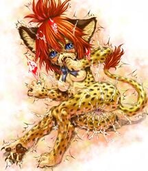 animal_ears ass barefoot blue_eyes blush breasts cheetah claws cum facial fangs feet female furry jewelry katzeh leopard looking_at_viewer nipples nude open_mouth pawpads paws pussy red_hair ribbon ribs ring slit_pupils soles solo tail tear toe_curl toe_scrunch toes tongue trembling