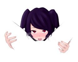 2girls absurdres commentary cunnilingus english_commentary female_pov highres izedendlych jill_stingray julianne_stingray meme multiple_girls negative_space negative_space_cunnilingus_(meme) negative_space_oral_(meme) oral pov purple_hair red_eyes simple_background tongue tongue_out twintails va-11_hall-a white_background yuri