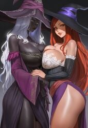 2girls ai_generated apprenticedomini ass bare_shoulders black_background black_skin breast_press breasts brown_eyes cleavage colored_skin crossover curvy dark-skinned_female dark_skin detached_sleeves dragon's_crown dress elden_ring elden_ring_nightreign female female_only gradient gradient_background grey_background hand_on_another's_hand hat huge_ass huge_breasts inpainted large_hat lips long_hair looking_at_viewer multiple_girls non-web_source novelai purple_dress purple_sleeves recluse_(elden_ring) red_hair shiny shiny_lips shiny_skin sorceress_(dragon's_crown) standing strapless strapless_dress symmetrical_docking thick_thighs thighs very_dark_skin white_hair witch witch_hat