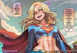 1girls abs ai_generated amadeus_v blonde_hair blue_eyes blush breasts cape clothed clothing cloud covered_nipples crop_top dc_comics dialogue english_text female female_only futa_on_female futa_with_female hair heart long_hair medium_breasts midriff muscular muscular_female navel nipple_outline open_mouth outdoors patreon_username red_cape sky smile solo speech_bubble supergirl superhero tagme text wonder_woman