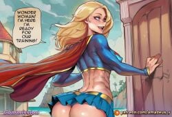 1girls ai_generated amadeus_v ass blonde_hair blue_clothing blue_eyes blush bottomwear breasts building cape clothed clothing cloud crop_top dc_comics dialogue english_text female female_only futa_on_female futa_with_female hair long_hair open_mouth outdoors outside panties patreon patreon_logo patreon_username red_cape skirt sky smile solo speech_bubble supergirl superhero tagme text tree underwear wonder_woman