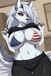 1female 1girls ai_generated american_flag_bikini animal_ears anthro beautiful bed bedroom big_breasts bikini_top breasts canid canine canis clothed clothing curvy curvy_body curvy_female curvy_figure demon demon_girl ears female female_focus female_only furry furry_only grey_body grey_fur grey_hair hellhound helluva_boss hourglass_figure hourglass_figured_female huge_breasts lifting_shirt long_hair looking_at_viewer loona_(helluva_boss) mildlyflirty mythological_canine mythological_creature narrow_waist neutral_expression pants red_sclera sexy shirt shirt_lift showing showing_off silver_eyes tagme tail thick_thighs two-tone_body two-tone_fur two-tone_tail vivienne_medrano vivziepop white_body white_eyes white_fur wide_hips wolf wolf_ears wolf_girl wolf_tail