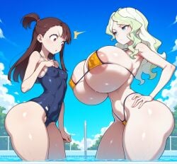 2girls ai_generated areola_slip bimbo breast_envy constricted_pupils covered_nipples diana_cavendish erect_nipples fake_breasts g-string gigantic_breasts half-closed_eyes hand_on_hip highleg kagari_atsuko little_witch_academia micro_bikini otace pool school_swimsuit serious slim_waist small_breasts surprised thick_thighs wide_hips