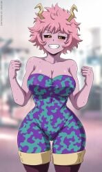 1girls big_breasts black_sclera boku_no_hero_academia breasts camel_toe cleavage female female_focus female_only horns mina_ashido my_hero_academia navel nipple_bulge nipples nipples_visible_through_clothing pink-haired_female pink_hair pink_skin sano-br short_hair smile smiling_at_viewer solo solo_female solo_focus sports_bra thick_thighs thighhighs thighs workout_clothes yellow_eyes ai_generated ashido_mina mina_ashido_(hero_outfit)