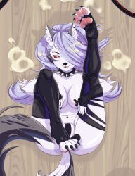 absurd_res anal_beads anthro bodily_fluids canid canid_demon canine clothing collar cum demon ear_piercing eyebrow_piercing facial_piercing female furniture genital_fluids gloves handwear hellaverse hellhound helluva_boss hi_res legwear loona_(helluva_boss) mammal mofa monster_factory mythological_canine mythological_creature mythology navel navel_piercing nipple_piercing nipples pasties piercing pussy_sticker red_eyes sex_toy solo stockings table wood wood_furniture wood_table