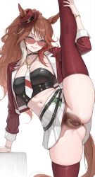 ai_generated black_shirt brown_hair clitoris dark_labia ears_through_headwear excessive_pubic_hair female forever_young_(umamusume) glasses gradient_hair green_eyes horse_ears horse_girl horse_tail large_breasts legs_grab looking_at_viewer mini_hat multicolored_hair ponytail pubic_hair pussy red-tinted_eyewear red_hair red_hat red_jacket spread_legs standing_on_one_leg standing_split sunglasses thighhighs tinted_eyewear umamusume umamusume_pretty_derby uncensored very_long_hair white_skirt