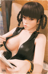 1girls 3d 3d_render artist_name braids brown_hair cozy dead_or_alive female female_only hotlinereverie lei_fang looking_at_viewer lounging nipple nipple_out pinup puckered_lips pulling_clothing reading_magazine solo solo_female