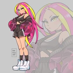 1girls absurdres alternate_costume artist_name black_eyeshadow black_nails black_shorts black_socks blonde_hair cardigan commentary english_commentary eyeshadow female female_only ganguro gyaru gym_shorts high-waist_shorts highres long_hair looking_at_viewer multicolored_hair nail_polish nintendo open_cardigan open_clothes pink_hair plumeria_(pokemon) pokemon pokemon_sm rinkuu_art rinkuuart sfw shorts socks sports_bra sportswear tan-skinned_female tan_skin team_skull twitter_username two-tone_hair white_eyeshadow white_footwear wide_sleeves yellow_eyes zoom_layer