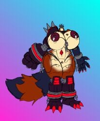 2025 anthro areola barbell_piercing big_breasts black_areola black_body black_nipples blue_background breasts canid canine countershading female genitals headless hi_res huge_breasts machine mammal multicolored_body nipple_barbell nipple_piercing nipples nude piercing pseudo_retriever raccoon_dog red_body robot robot_anthro simple_background solo tan_body tan_countershading tanuki vulva
