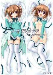 aizawa_tomomi blush breasts brown_hair censored dakimakura detached_sleeves human nipples no_panties pia_carrot_(series) purple_eyes pussy ribbon sample short_hair thighhighs tied_hair twintails vivi_(dakemakura) waitress welcome_to_pia_carrot_3 zettai_ryouiki