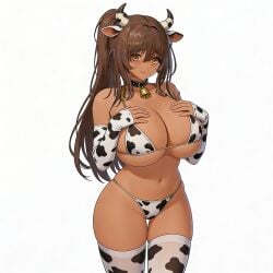 accurate_art_style ai_generated brown_hair brown_skin cow_girl cow_print dark-skinned_female edit edited female female_only goddess_of_victory:_nikke hips huge_breasts noir_(nikke) video_game_character yellow_eyes