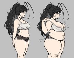 2020s 2026 2026s 2girls before_and_after black_hair breast_growth cellulite digital_drawing_(artwork) digital_media_(artwork) drawing drawn eyebags female female_focus female_only gray_topwear grey_tank_top grey_topwear jpeg long_hair marblechii oc original original_character pale-skinned_female pale_skin roach_(marblechii) same_character shorts sketch solo solo_female solo_focus thick thick_legs thick_thighs thigh_growth twitter_link voluptuous voluptuous_body voluptuous_female weight_gain